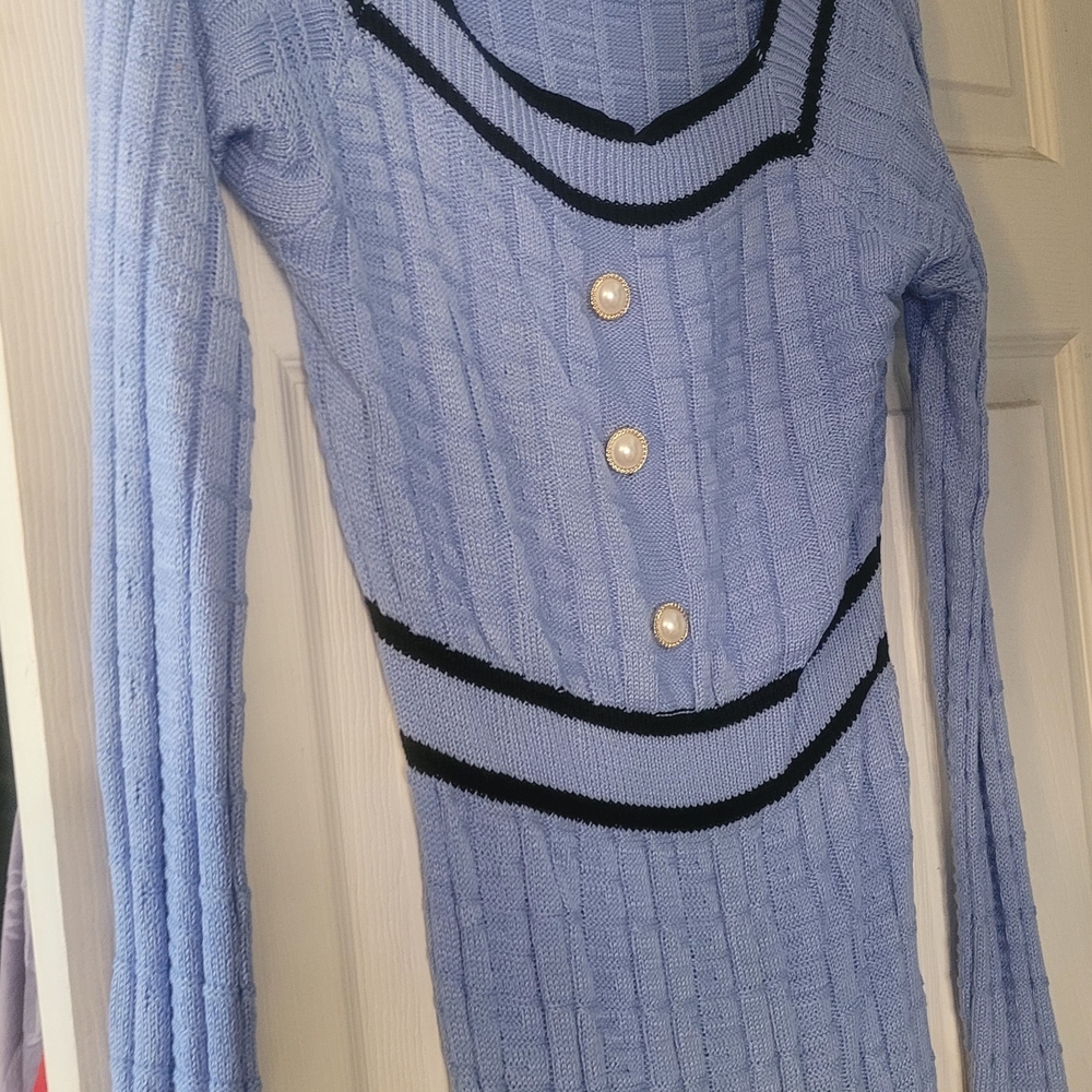 Women Elegant Blue Sweater Dress with Black Accents